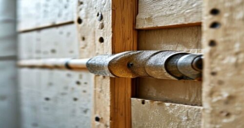 Close-up of a reinforced drywall interior showing a wooden blocking between metal studs, with a heavy-duty toggle anchor inserted, realistic home renovation scene, bright lighting