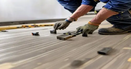 A professional builder measuring and snapping SPC click vinyl planks over a radiant floor, using tapping block and pull bar, leaving expansion gaps at the wall with spacers, tools spread around, reali