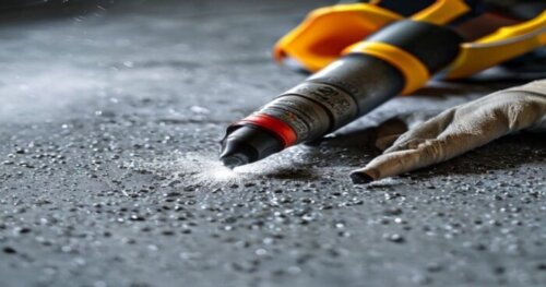 Close-up of a drill with a diamond bit drilling into a gray porcelain floor tile, water cooling the bit, dust particles, safety glasses and gloves on the side, realistic lighting.