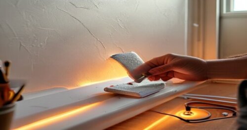 Close-up of a person's hand applying reflective ceramic paint on a white drywall using a thick-nap roller. The room has a warm glow from an underfloor heating system, visible at the baseboards. Tools