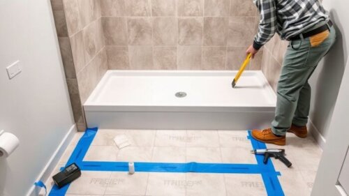 A modern bathroom under renovation with an extra-flat shower tray being installed on a floor with underfloor heating loops marked with blue tape. A worker is using a level and adhesive, with tools and