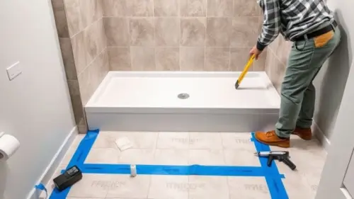 A modern bathroom under renovation with an extra-flat shower tray being installed on a floor with underfloor heating loops marked with blue tape. A worker is using a level and adhesive, with tools and