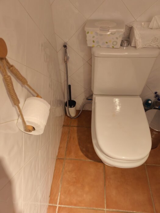 Grifo de ducha higiénica montado al lado del inodoro en un baño sin espacio para bidé