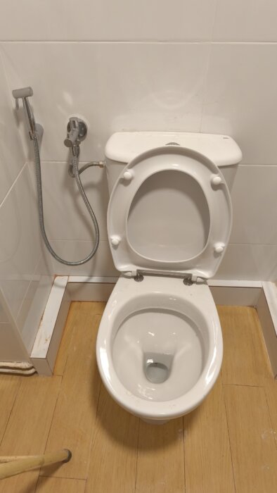 Ducha higiénica instalada junto al inodoro, con maneral y flexible sobre soporte de pared
