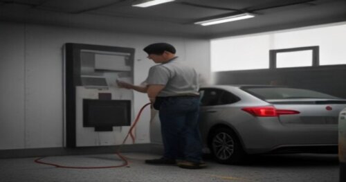 An electrician installing a wall-mounted electric vehicle charger in a community parking garage, with a visible surface-mounted cable trunk from the meter room, realistic lighting, no text.