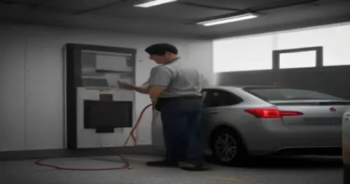 An electrician installing a wall-mounted electric vehicle charger in a community parking garage, with a visible surface-mounted cable trunk from the meter room, realistic lighting, no text.
