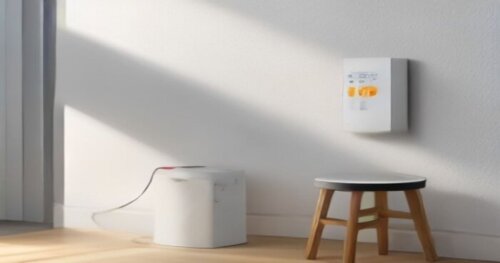 A close-up shot of a modern smart thermostat mounted on a white plasterboard wall, with a screwdriver and a multimeter on a nearby stool. The thermostat display shows a temperature setting. The wall h