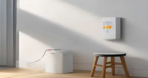 A close-up shot of a modern smart thermostat mounted on a white plasterboard wall, with a screwdriver and a multimeter on a nearby stool. The thermostat display shows a temperature setting. The wall h