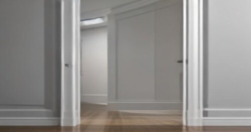 A close-up, photorealistic interior scene of a white drywall with a fine vertical crack near a door frame corner, subtle lighting indicating winter, no text or logos.