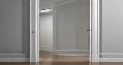 A close-up, photorealistic interior scene of a white drywall with a fine vertical crack near a door frame corner, subtle lighting indicating winter, no text or logos.