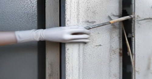 Close-up of a worker's hand applying white thermal insulating paint with a brush inside a roller shutter box, focusing on the corner, with paint can and protective gear visible, natural lighting, real