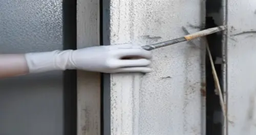 Close-up of a worker's hand applying white thermal insulating paint with a brush inside a roller shutter box, focusing on the corner, with paint can and protective gear visible, natural lighting, real