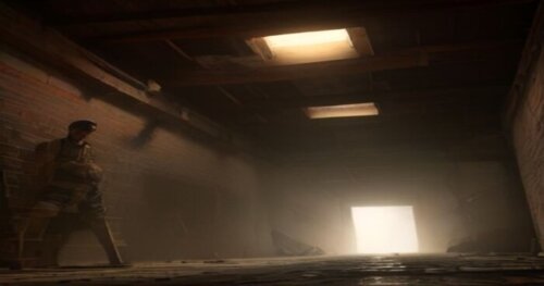 A construction worker in safety gear cutting a rectangular opening in a load-bearing brick wall with an angle grinder, temporary steel props supporting the ceiling above, dust and debris on the floor,