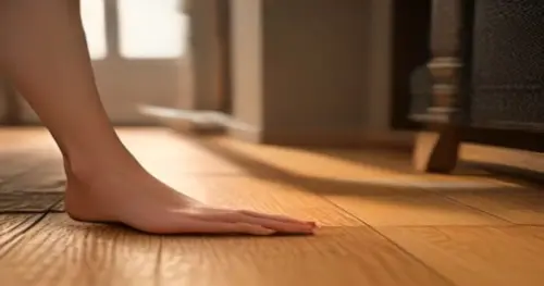 Photorealistic close-up of hands replacing a single water-damaged laminate floor plank in a Spanish living room, using a chisel to lift the damaged plank while protecting adjacent planks with masking